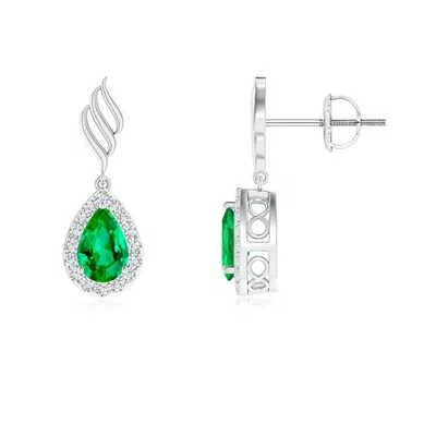 ANGARA PEAR EMERALD HALO DROP EARRINGS WITH TRIO SWIRLS
