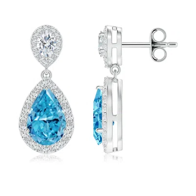 ANGARA PEAR LAB-GROWN FANCY INTENSE BLUE DIAMOND DROP EARRINGS WITH HALO