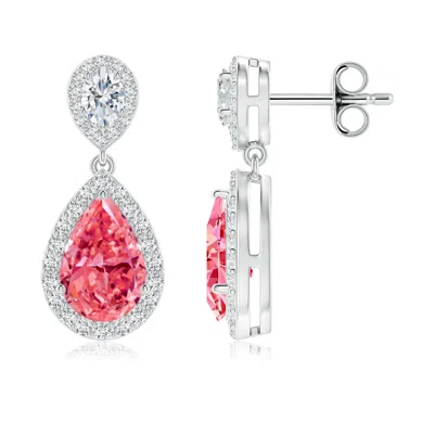 ANGARA PEAR LAB-GROWN FANCY INTENSE PINK DIAMOND DROP EARRINGS WITH HALO