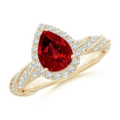 ANGARA PEAR LAB-GROWN RUBY HALO TWISTED ROPE SHANK ENGAGEMENT RING