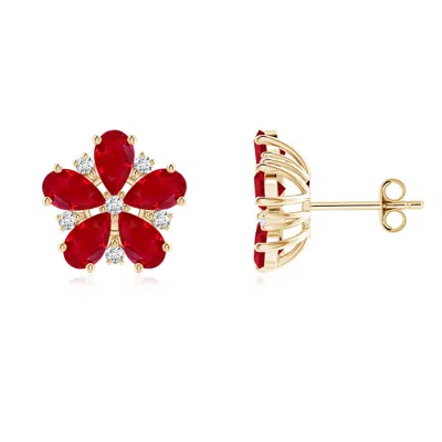 ANGARA PEAR RUBY AND DIAMOND FLOWER STUD EARRINGS