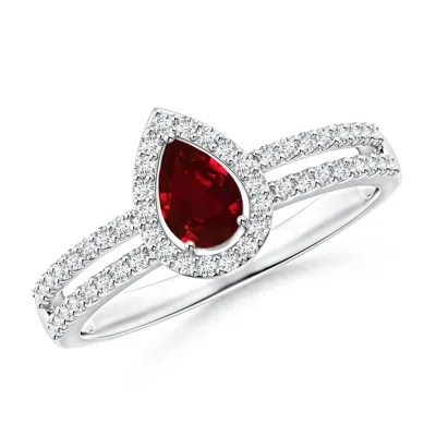 ANGARA PEAR RUBY AND DIAMOND HALO SPLIT SHANK RING