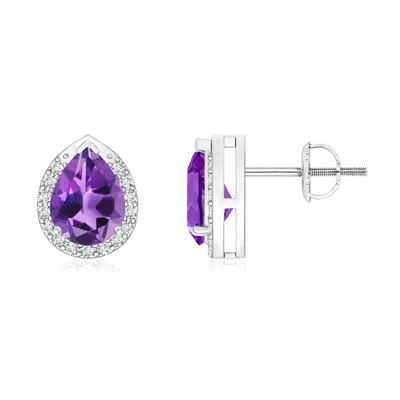 ANGARA PEAR-SHAPED AMETHYST STUD EARRINGS WITH DIAMOND HALO