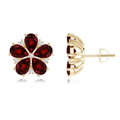 ANGARA PEAR-SHAPED GARNET AND DIAMOND FLOWER STUD EARRINGS