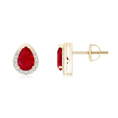 ANGARA PEAR-SHAPED RUBY STUD EARRINGS WITH DIAMOND HALO