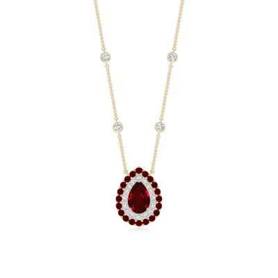 ANGARA PEAR-SHAPED RUBY TWO TONE NECKLACE WITH DOUBLE HALO
