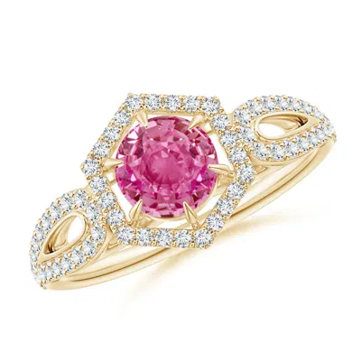 ANGARA PINK SAPPHIRE SPLIT SHANK RING WITH DIAMOND HEXAGON HALO
