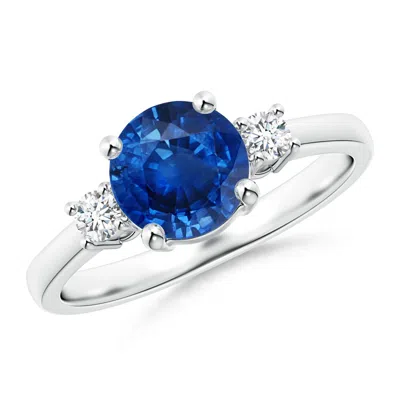 ANGARA PRONG-SET ROUND 3 STONE BLUE SAPPHIRE AND DIAMOND RING