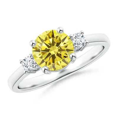 ANGARA PRONG-SET ROUND 3 STONE FANCY INTENSE YELLOW AND WHITE DIAMOND RING