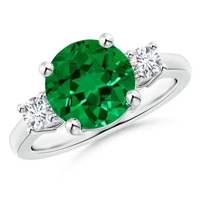ANGARA PRONG-SET ROUND 3 STONE LAB-GROWN EMERALD AND DIAMOND ENGAGEMENT RING