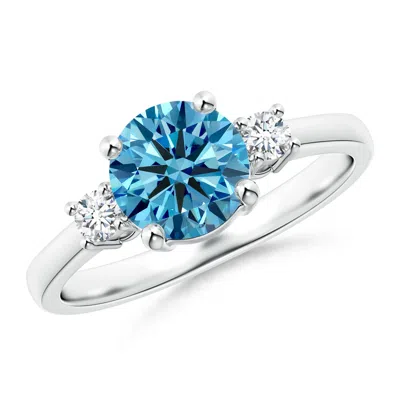 ANGARA PRONG-SET ROUND 3 STONE LAB-GROWN FANCY INTENSE BLUE AND WHITE DIAMOND RING