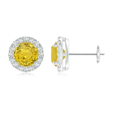 ANGARA PRONG-SET YELLOW SAPPHIRE AND DIAMOND HALO STUD EARRINGS