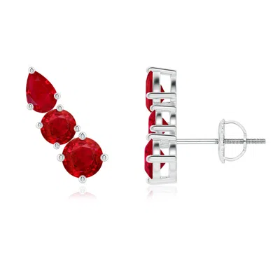 ANGARA ROUND AND PEAR RUBY THREE STONE CLIMBER EARRINGS