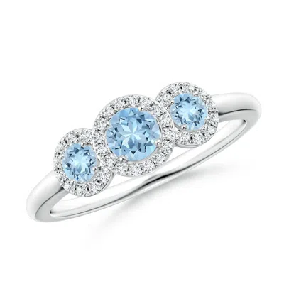 ANGARA ROUND AQUAMARINE THREE STONE HALO RING WITH DIAMONDS