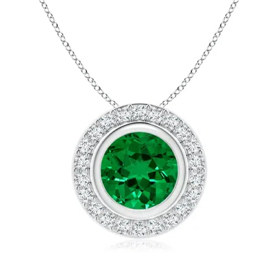 ANGARA ROUND BEZEL-SET LAB-GROWN EMERALD PENDANT WITH DIAMOND HALO