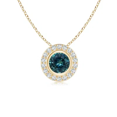 ANGARA ROUND BEZEL-SET TEAL MONTANA SAPPHIRE PENDANT WITH DIAMOND HALO