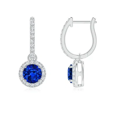 ANGARA ROUND BLUE SAPPHIRE DANGLE EARRINGS WITH DIAMOND HALO