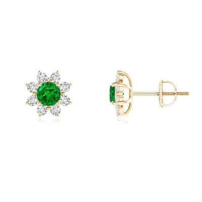 ANGARA ROUND EMERALD AND DIAMOND FLOWER STUD EARRINGS