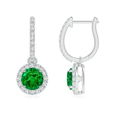 ANGARA ROUND EMERALD DANGLE EARRINGS WITH DIAMOND HALO