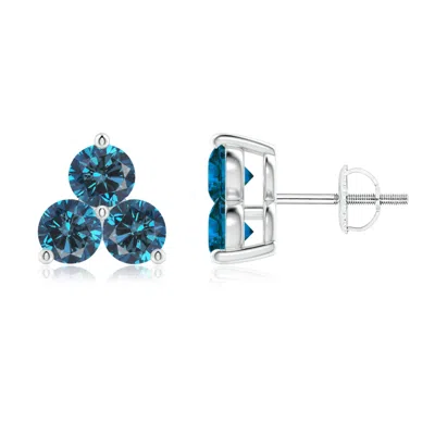 ANGARA ROUND ENHANCED BLUE DIAMOND THREE STONE STUD EARRINGS