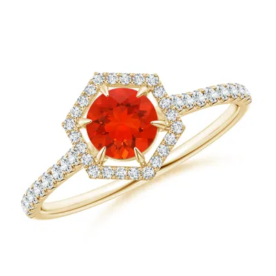 ANGARA ROUND FIRE OPAL RING WITH HEXAGONAL DIAMOND HALO