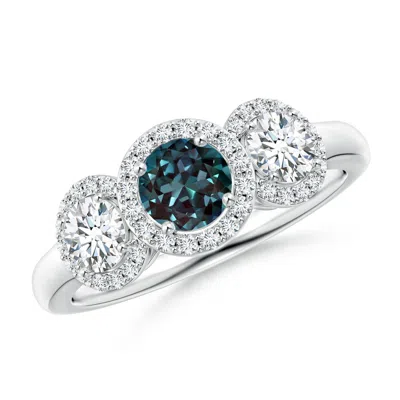 ANGARA ROUND LAB-GROWN ALEXANDRITE THREE STONE HALO RING WITH DIAMONDS