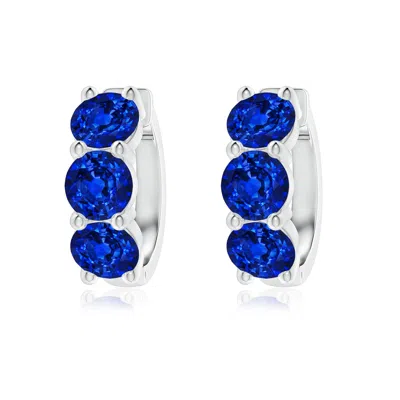 ANGARA ROUND LAB-GROWN BLUE SAPPHIRE THREE STONE HOOP EARRINGS