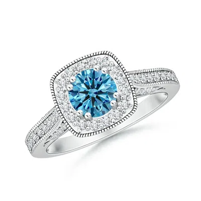ANGARA ROUND LAB-GROWN FANCY INTENSE BLUE DIAMOND CUSHION HALO RING WITH MILGRAIN