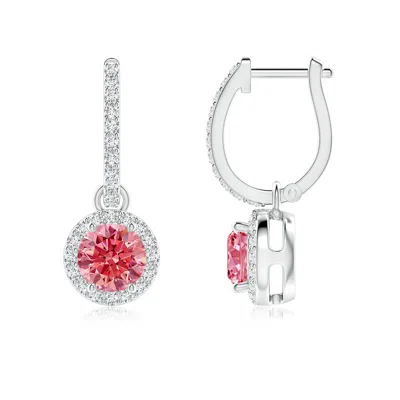ANGARA ROUND LAB-GROWN FANCY INTENSE PINK DIAMOND DANGLE EARRINGS WITH HALO