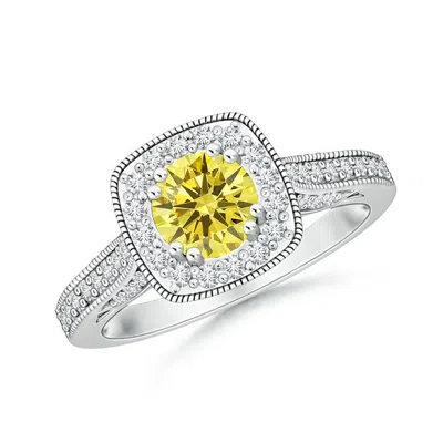 ANGARA ROUND LAB-GROWN FANCY INTENSE YELLOW DIAMOND CUSHION HALO RING WITH MILGRAIN