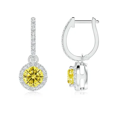 ANGARA ROUND LAB-GROWN FANCY INTENSE YELLOW DIAMOND DANGLE EARRINGS WITH HALO