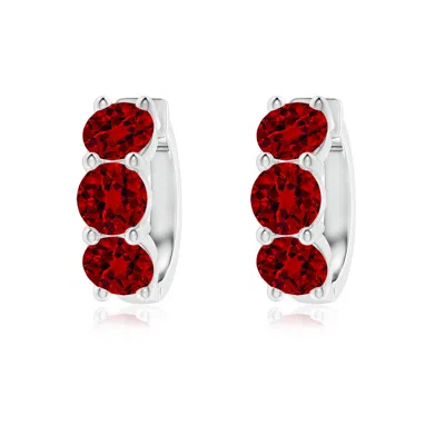 ANGARA ROUND LAB-GROWN RUBY THREE STONE HOOP EARRINGS