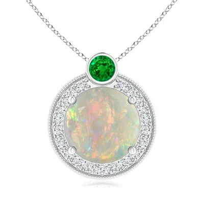 ANGARA ROUND OPAL AND DIAMOND HALO PENDANT WITH BEZEL-SET EMERALD