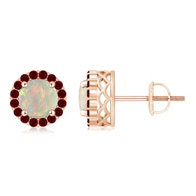 ANGARA ROUND OPAL AND RUBY HALO STUD EARRINGS