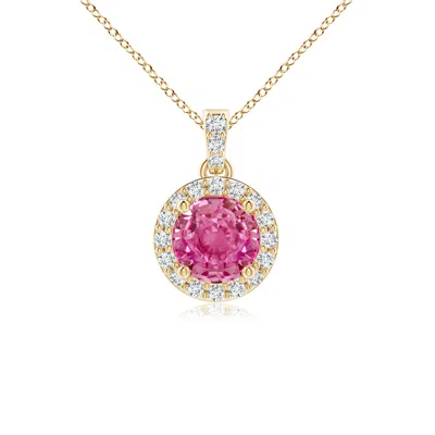 ANGARA ROUND PINK SAPPHIRE DANGLE PENDANT WITH DIAMOND HALO