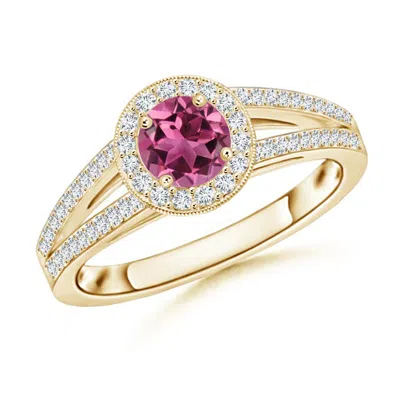 ANGARA ROUND PINK TOURMALINE SPLIT SHANK RING WITH DIAMOND HALO