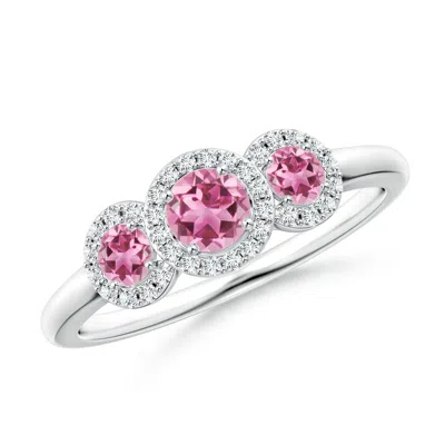 ANGARA ROUND PINK TOURMALINE THREE STONE HALO RING WITH DIAMONDS
