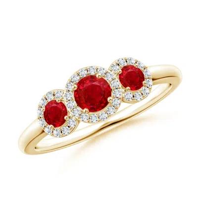 ANGARA ROUND RUBY THREE STONE HALO RING WITH DIAMONDS