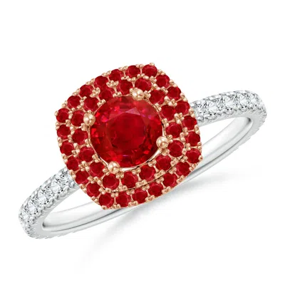 ANGARA ROUND RUBY TWO TONE RING WITH DOUBLE HALO