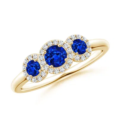 ANGARA ROUND SAPPHIRE THREE STONE HALO RING WITH DIAMONDS