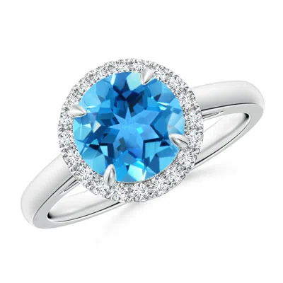 ANGARA ROUND SWISS BLUE TOPAZ CATHEDRAL RING WITH DIAMOND HALO