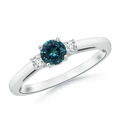 ANGARA ROUND TEAL MONTANA SAPPHIRE & DIAMOND THREE STONE ENGAGEMENT RING