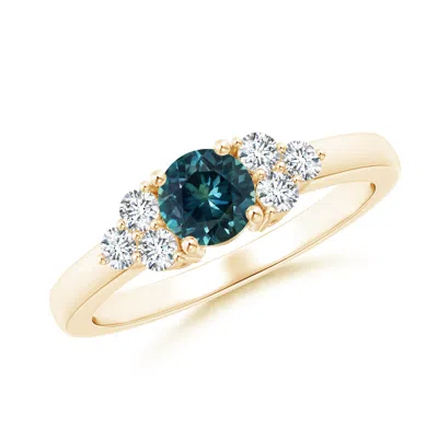 ANGARA ROUND TEAL MONTANA SAPPHIRE SOLITAIRE RING WITH TRIO DIAMONDS