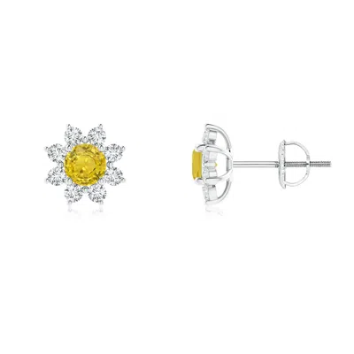 ANGARA ROUND YELLOW SAPPHIRE AND DIAMOND FLOWER STUD EARRINGS
