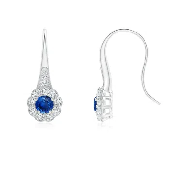 ANGARA SAPPHIRE AND DIAMOND HALO FISH HOOK EARRINGS WITH MILGRAIN