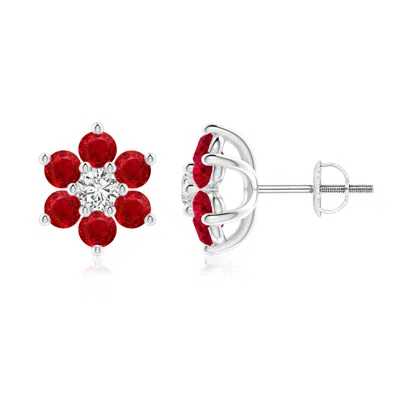 ANGARA SIX PETAL DIAMOND AND RUBY FLOWER STUD EARRINGS