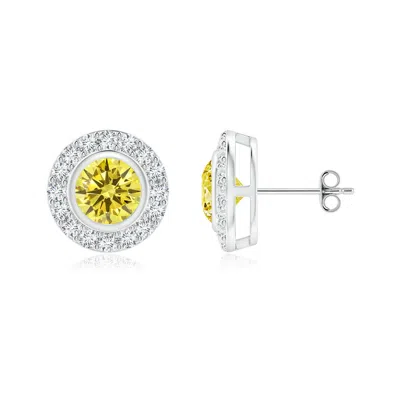 ANGARA SOLITAIRE BEZEL-SET ROUND FANCY INTENSE YELLOW DIAMOND HALO STUD EARRINGS