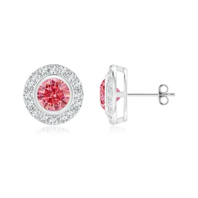 ANGARA SOLITAIRE BEZEL-SET ROUND LAB-GROWN FANCY INTENSE PINK DIAMOND HALO STUD EARRINGS