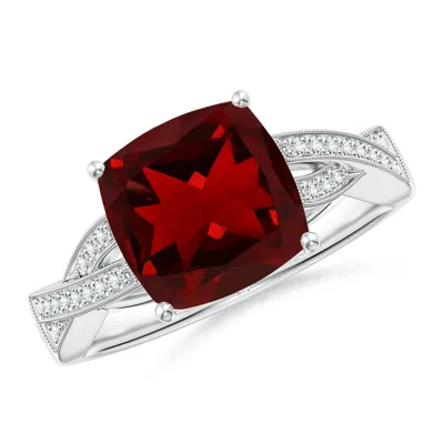 ANGARA SOLITAIRE CUSHION GARNET CRISS CROSS RING WITH DIAMONDS