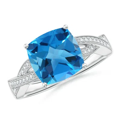 ANGARA SOLITAIRE CUSHION SWISS BLUE TOPAZ CRISS CROSS RING WITH DIAMONDS